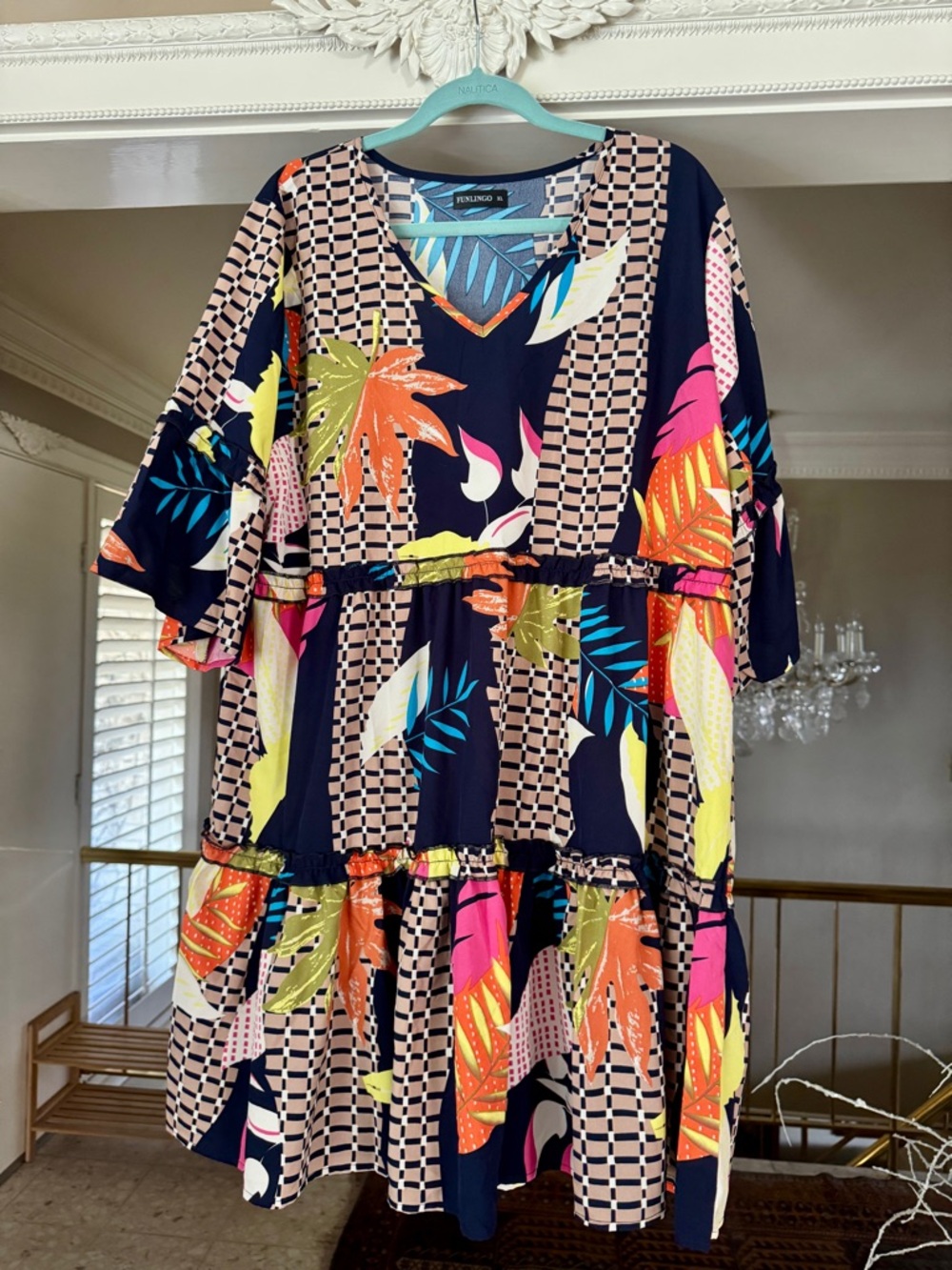 Navy Tropical Tiered Knee Length Dress with Bright Leaf Print